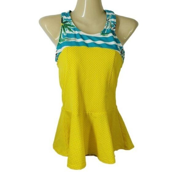 Lime Ricki Swimwear Swim Top Yellow Polka dots Blue Stripes Women's Size M - Picture 1 of 8
